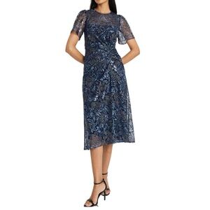NWT Maggy London Elegant Short Sleeve Navy Blue Lace Midi Dress Size 6 MSRP $198